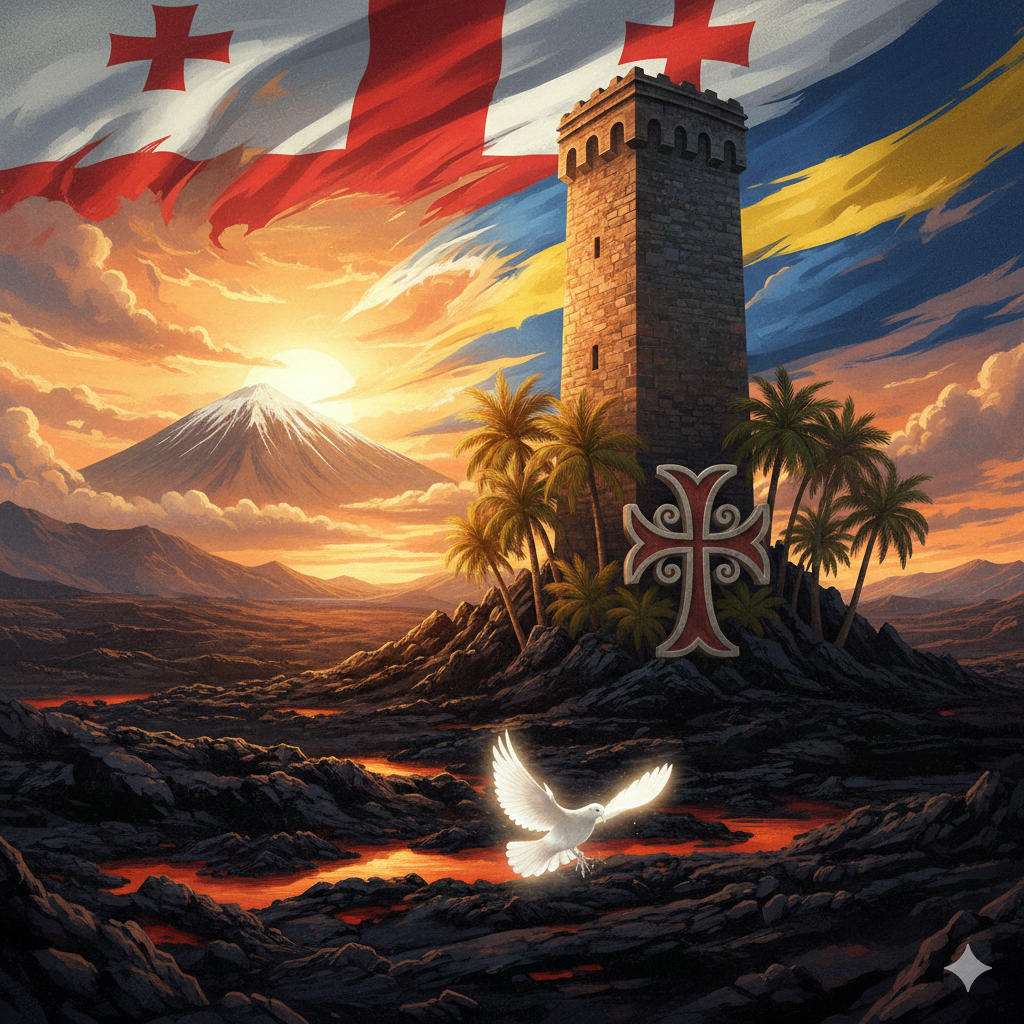 Fusión cultural Georgia y Canarias - Torre georgiana con paisaje volcánico canario